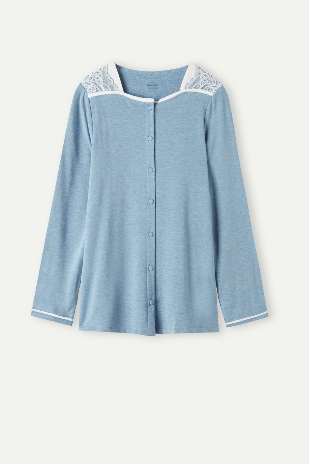 Light Blue - 145j - Light Blue Heather / Powder Intimissimi Romantic Bedroom Button Up Top in Modal with Wool | FDPX-68470