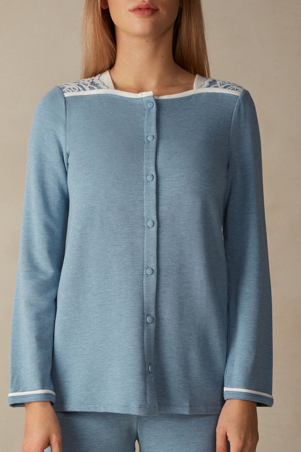 Light Blue - 145j - Light Blue Heather / Powder Intimissimi Romantic Bedroom Button Up Top in Modal with Wool | FDPX-68470