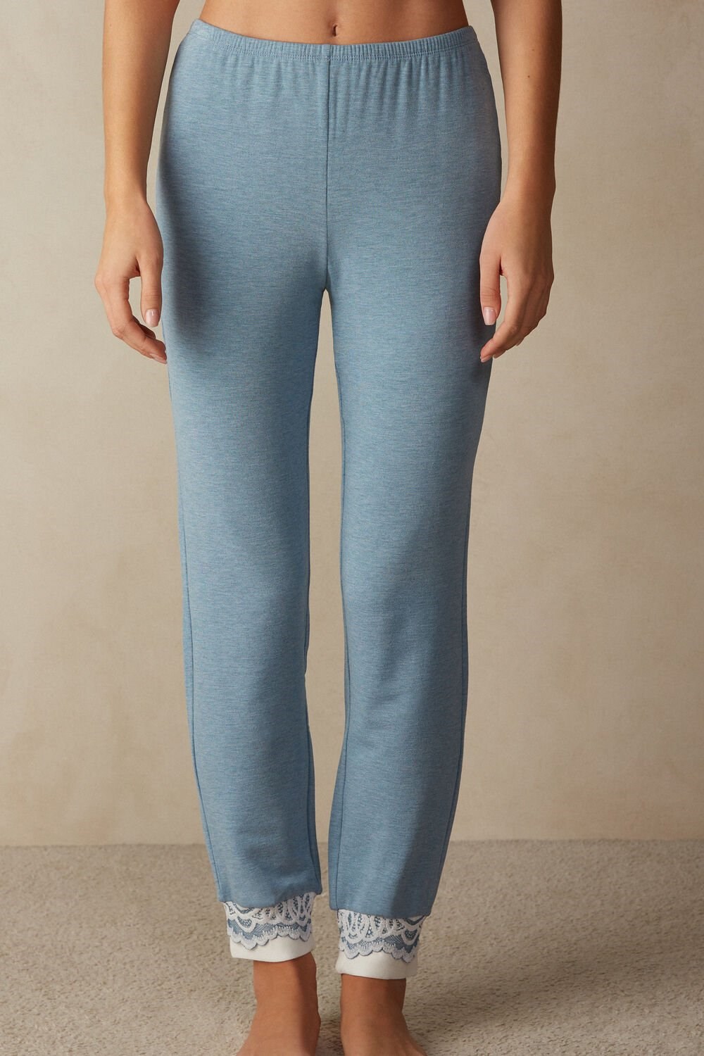 Light Blue - 145j - Light Blue Heather / Powder Intimissimi Romantic Bedroom Cuffed Full Length Pants in Modal with Wool | RBXQ-23174