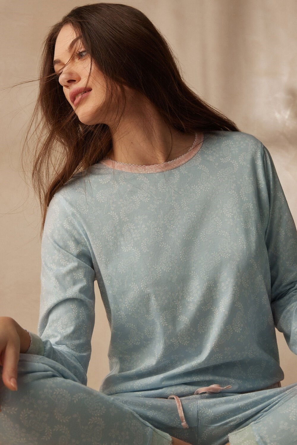 Light Blue - 226j - Romantic Cashmere Print Intimissimi Romantic Cashmere Long Sleeve Cotton Top | DZGS-24870