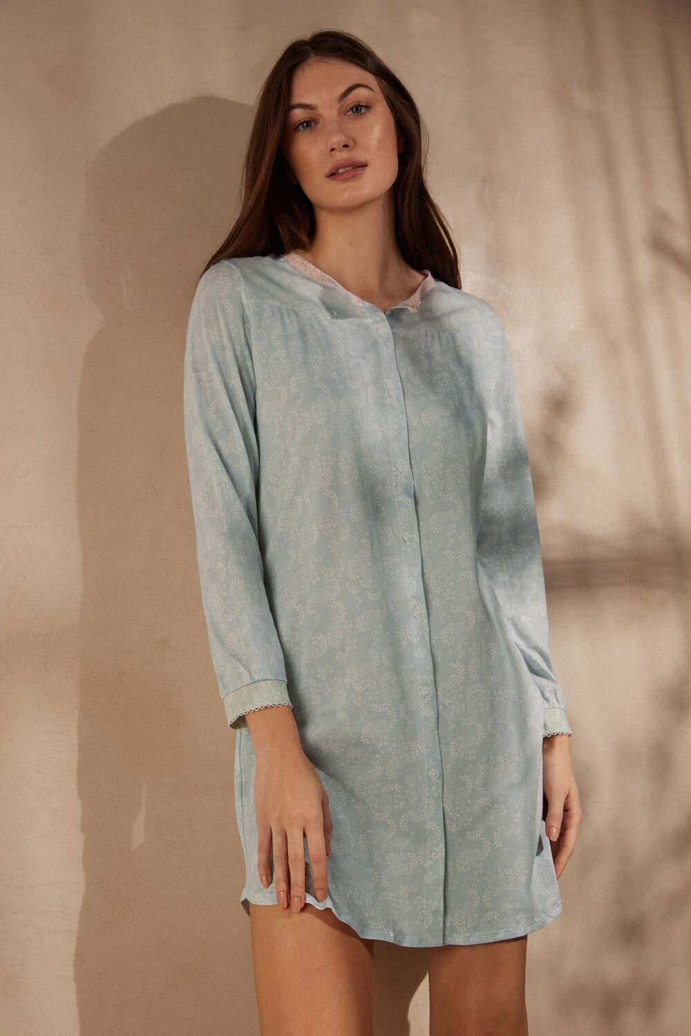 Light Blue - 226j - Romantic Cashmere Print Intimissimi Romantic Cashmere Button Up Night Shirt | TUOR-42981