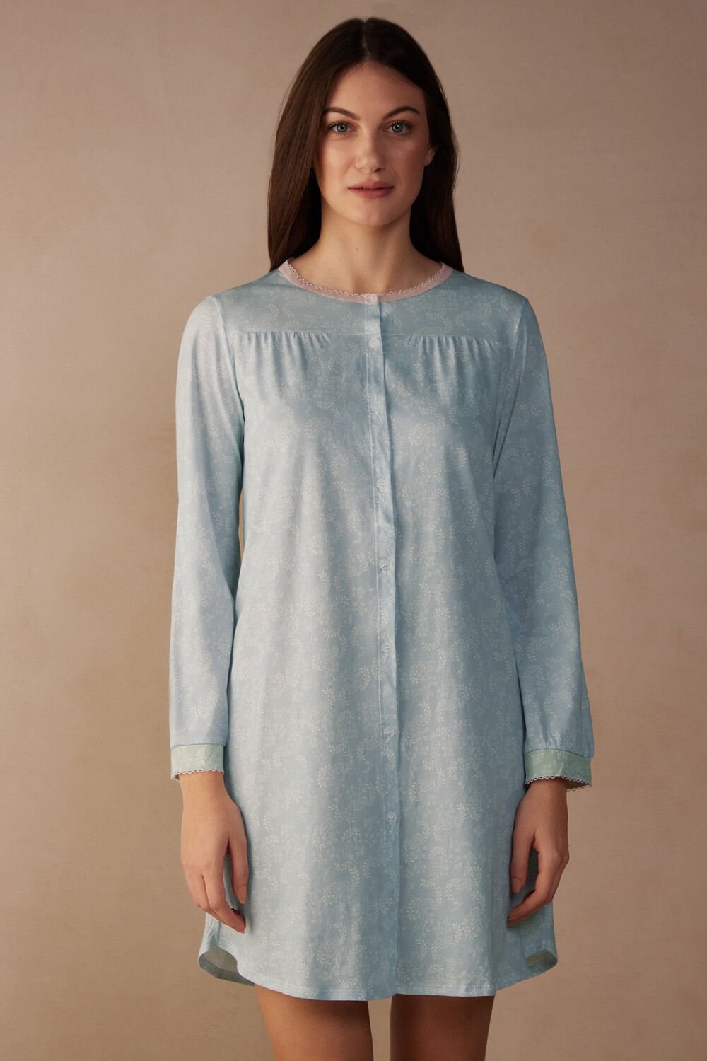 Light Blue - 226j - Romantic Cashmere Print Intimissimi Romantic Cashmere Button Up Night Shirt | TUOR-42981