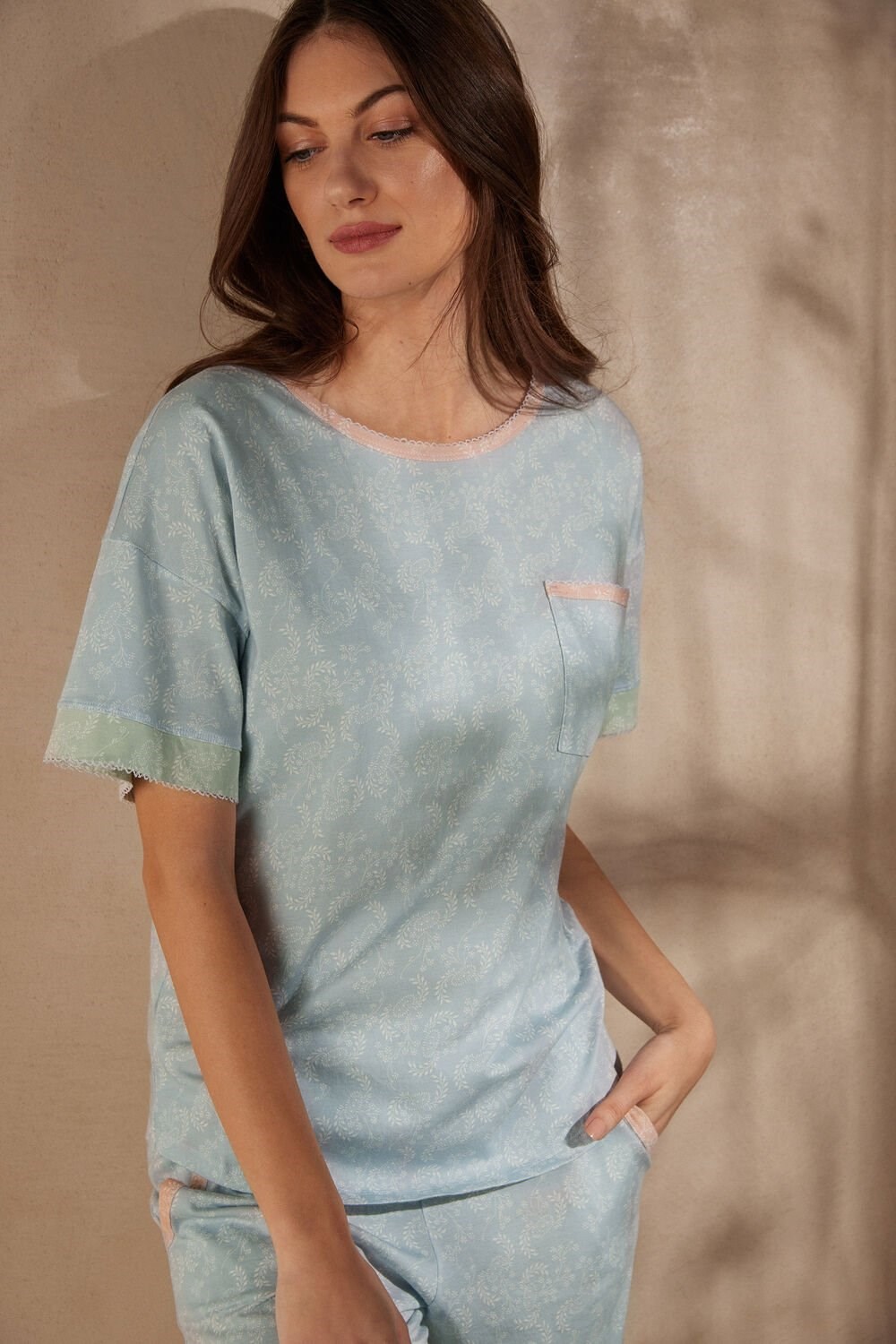 Light Blue - 226j - Romantic Cashmere Print Intimissimi Romantic Cashmere Short Sleeve Cotton Top | ZGCA-23786