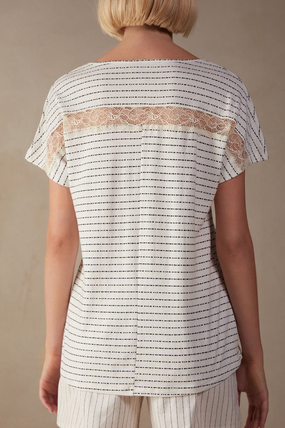 Light Blue - 6700 - Butter White Pinstripe Intimissimi Romantic Heritage Short Sleeve Cotton Jersey Top | XUTZ-42850