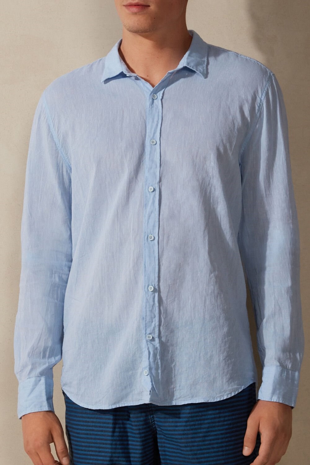 Light Blue - 979i - Light Blue Intimissimi Linen and Cotton Shirt | XMTW-60123