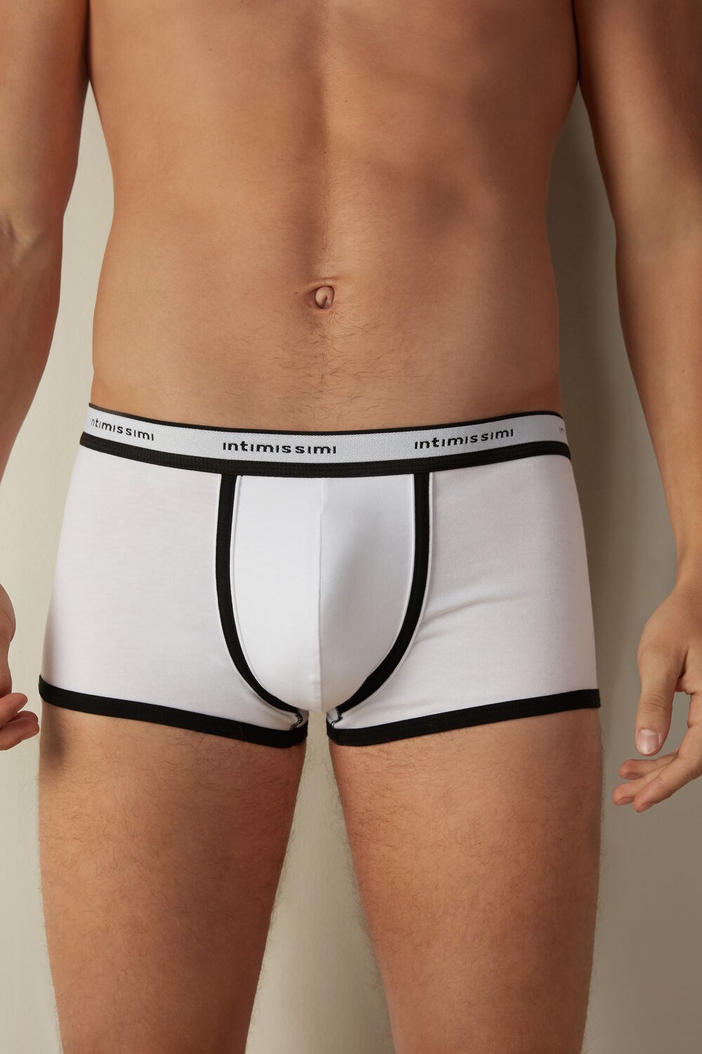 Multicolor - 143i - White / Black Intimissimi Stretch Supima® Cotton Boxer Shorts with Logo Detail | AXLV-37941