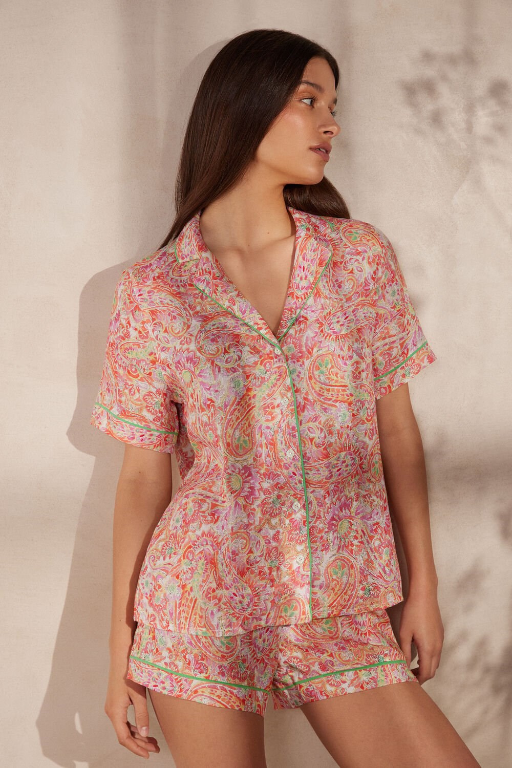 Multicolor - 240j - Summer Cashmere Print Intimissimi Summer Journey Short Sleeve Linen Shirt | RJSD-12670