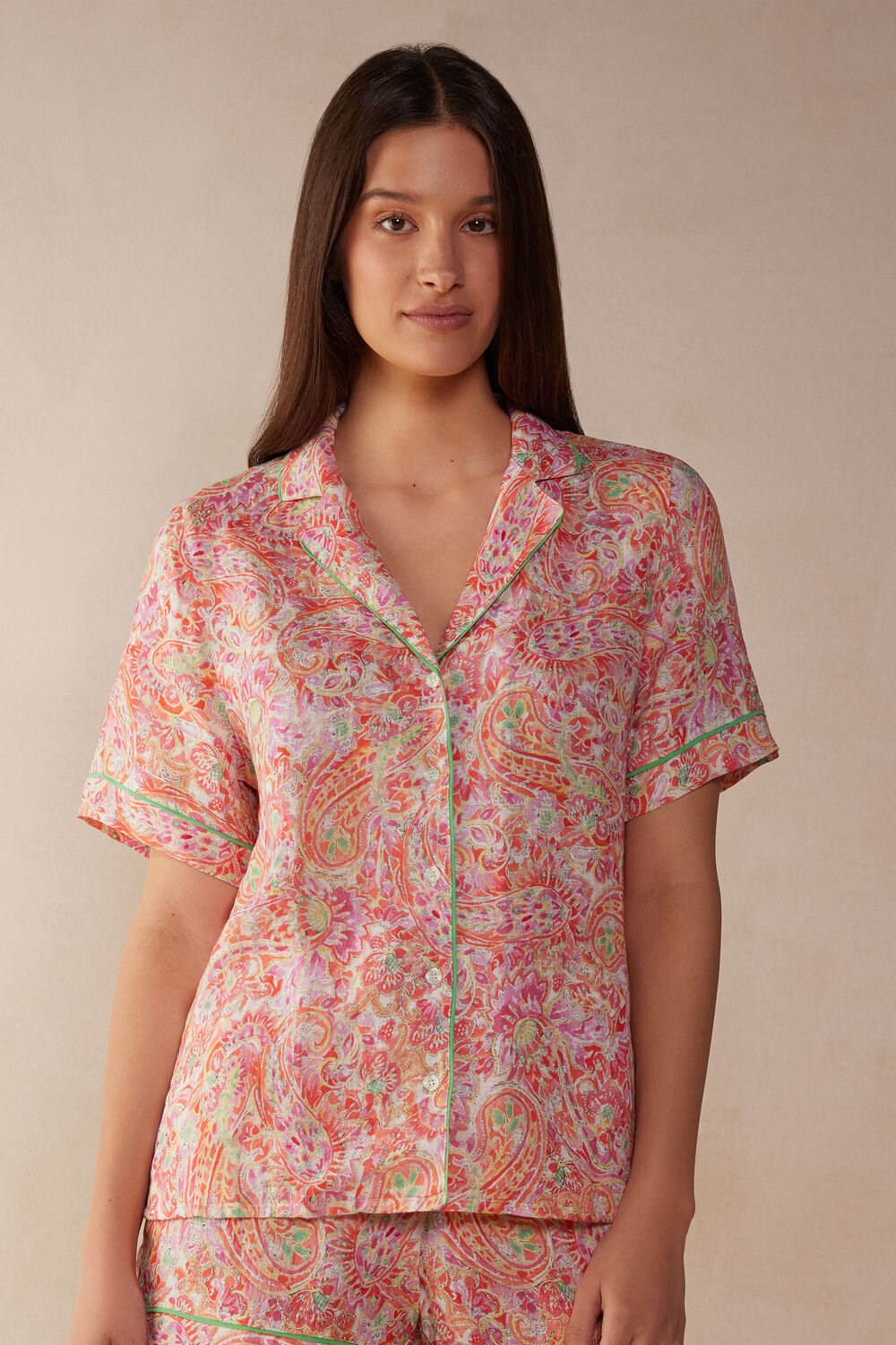 Multicolor - 240j - Summer Cashmere Print Intimissimi Summer Journey Short Sleeve Linen Shirt | RJSD-12670