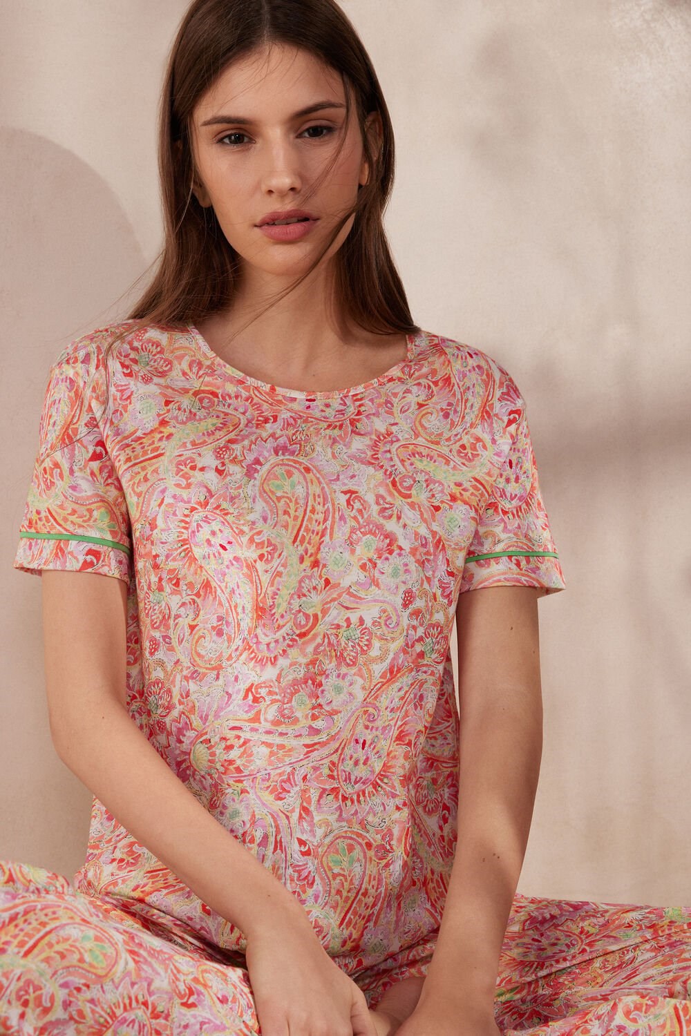 Multicolor - 240j - Summer Cashmere Print Intimissimi Summer Journey Ultrafresh Supima® Cotton Short Sleeve Top | VEPA-93072