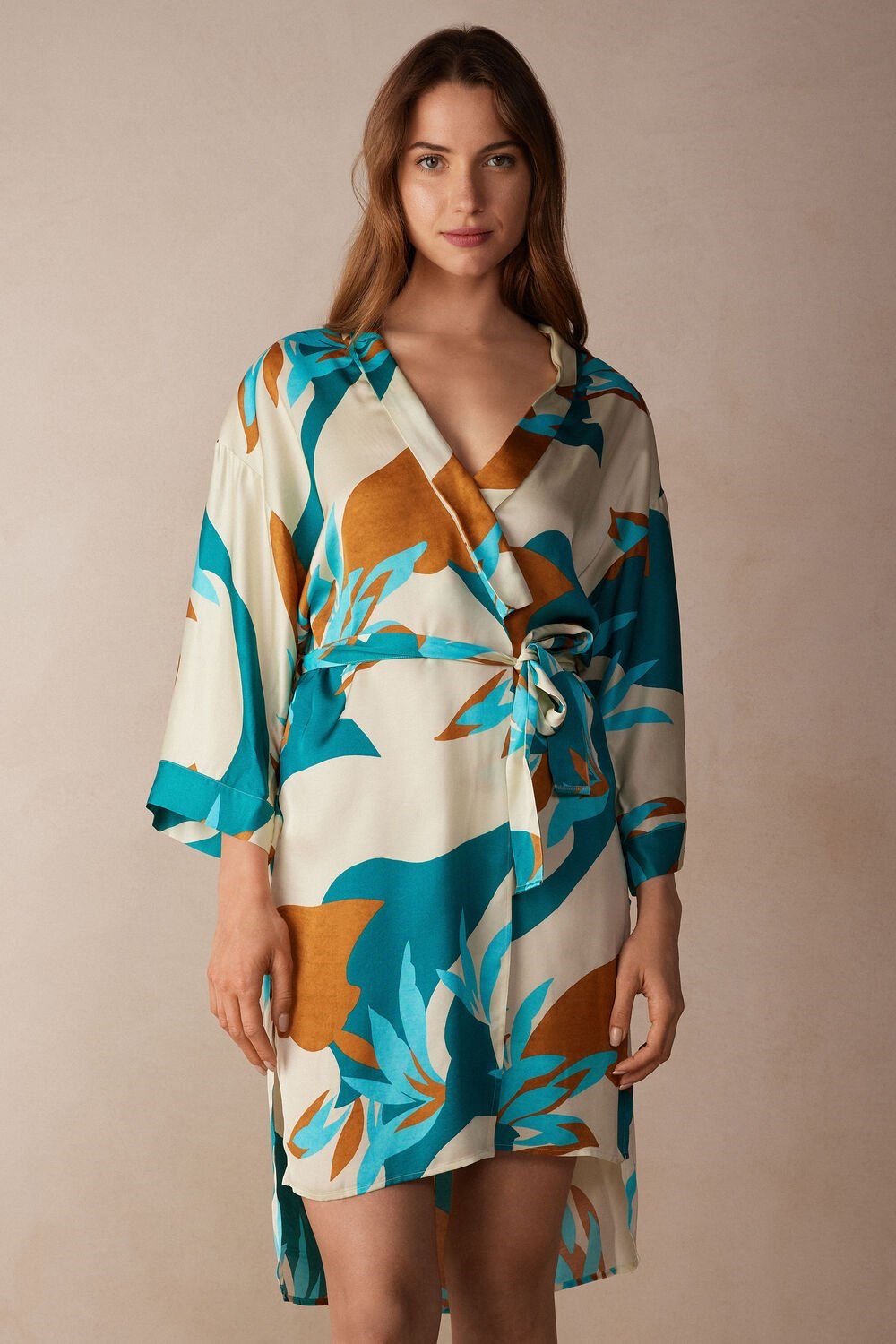 Multicolor - 241j - Summer Vibes Print Intimissimi Summer Vibes Viscose Satin Kimono | DIMG-23561