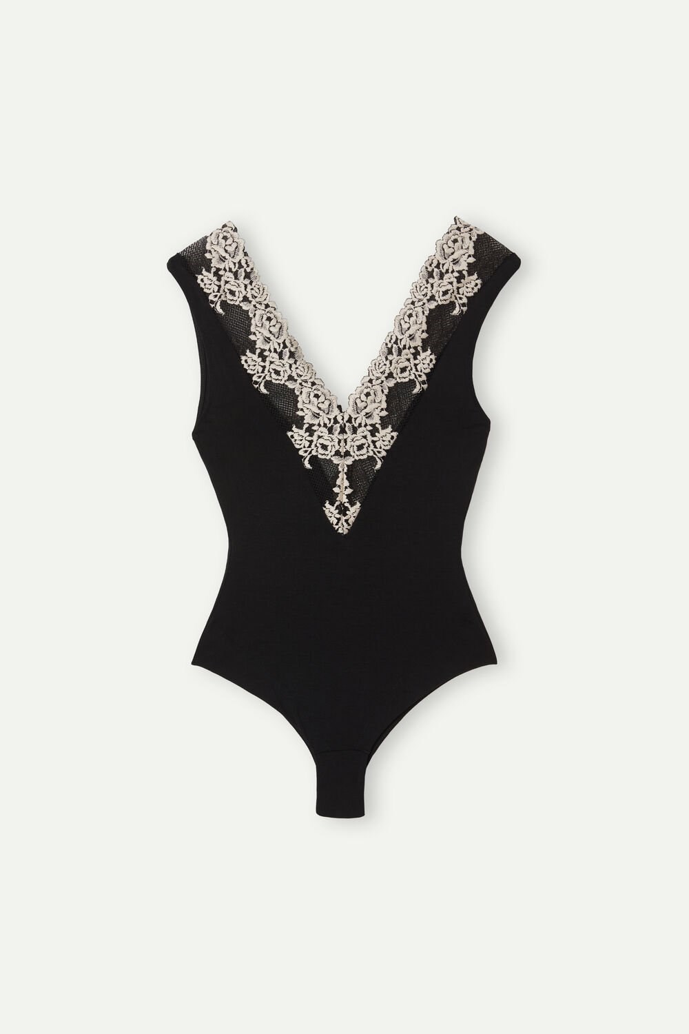 Multicolor - 9887 - Black / Ivory Intimissimi Pretty Flowers V-neck Bodysuit | EVIA-12504