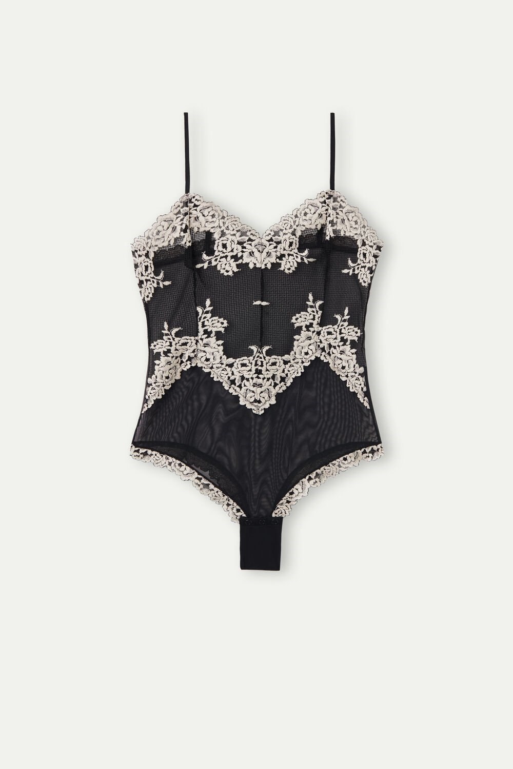 Multicolor - 9887 - Black / Ivory Intimissimi Pretty Flowers Tulle and Lace Bodysuit | IGTM-83460