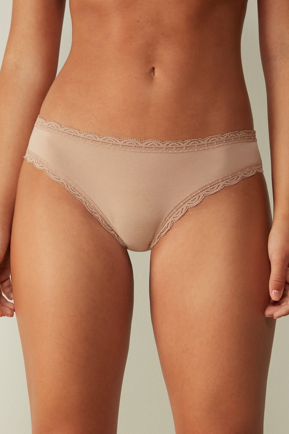 Natural - 044 - Soft Beige Intimissimi Cotton and Lace Panties | GRXW-54382