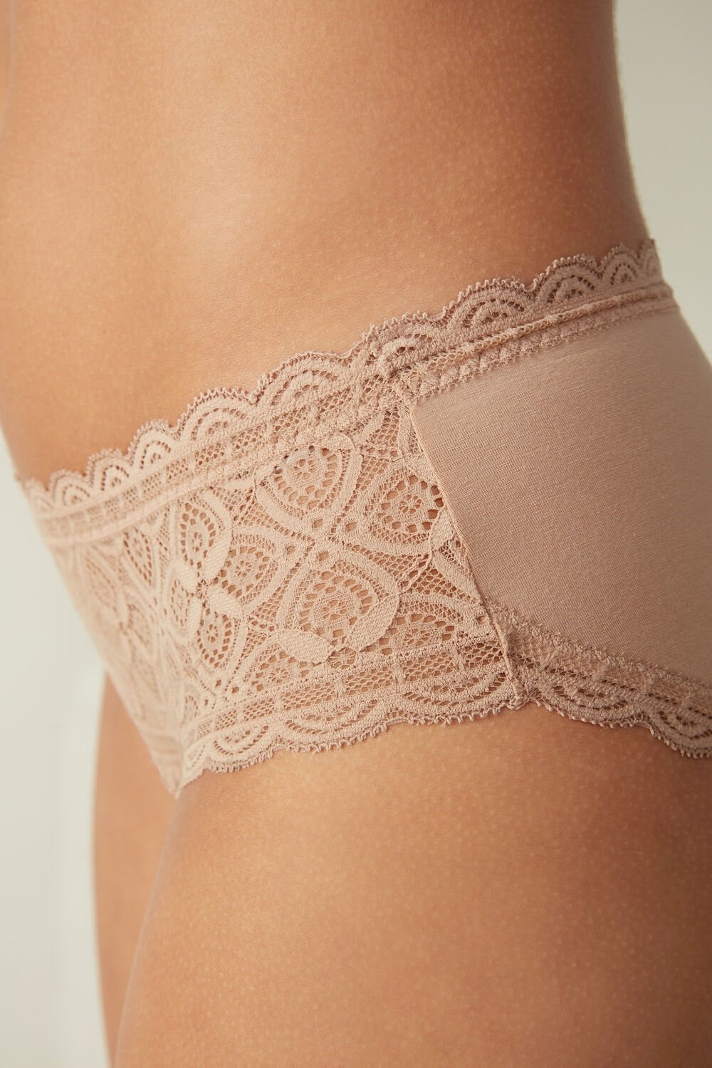 Natural - 044 - Soft Beige Intimissimi Lace and Cotton High Rise Panties | CAUF-46809