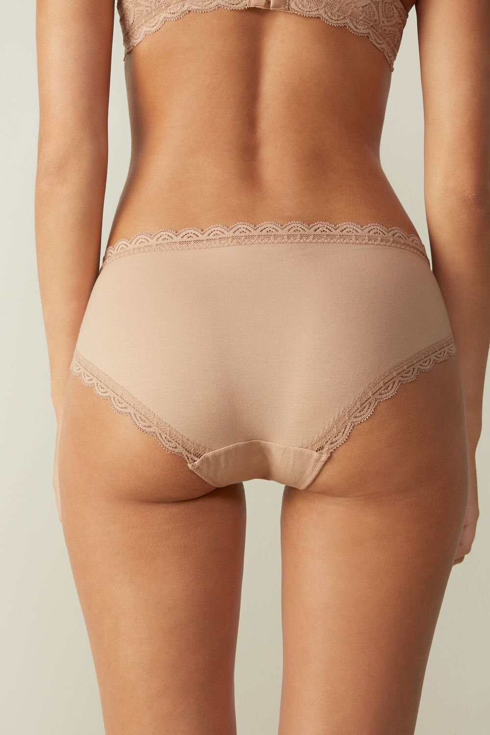 Natural - 044 - Soft Beige Intimissimi Lace and Cotton High Rise Panties | CAUF-46809