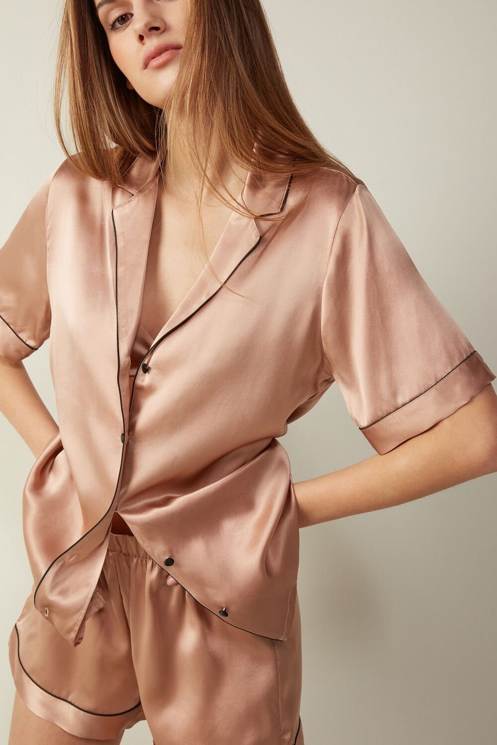 Natural - 163i - Satin Pink Intimissimi Short Sleeve Silk Shirt with Contrast Trim | NSOU-94356