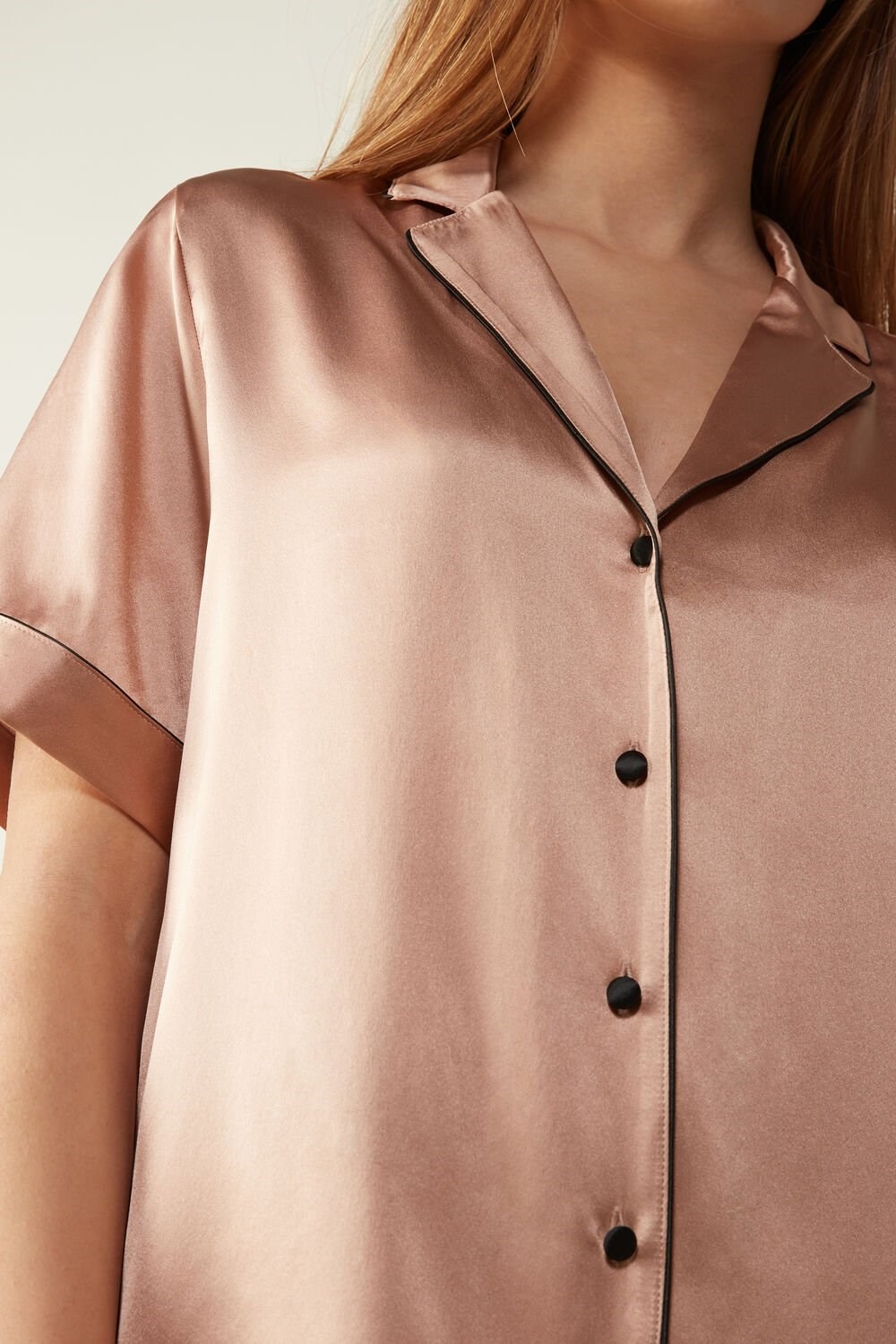 Natural - 163i - Satin Pink Intimissimi Short Sleeve Silk Shirt with Contrast Trim | NSOU-94356