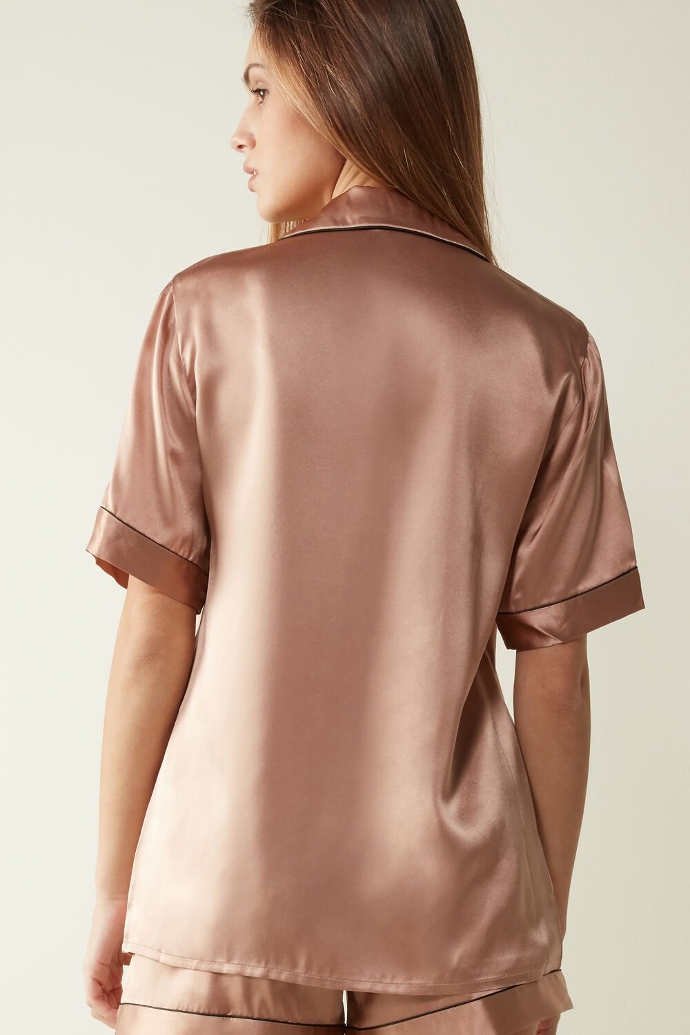 Natural - 163i - Satin Pink Intimissimi Short Sleeve Silk Shirt with Contrast Trim | NSOU-94356