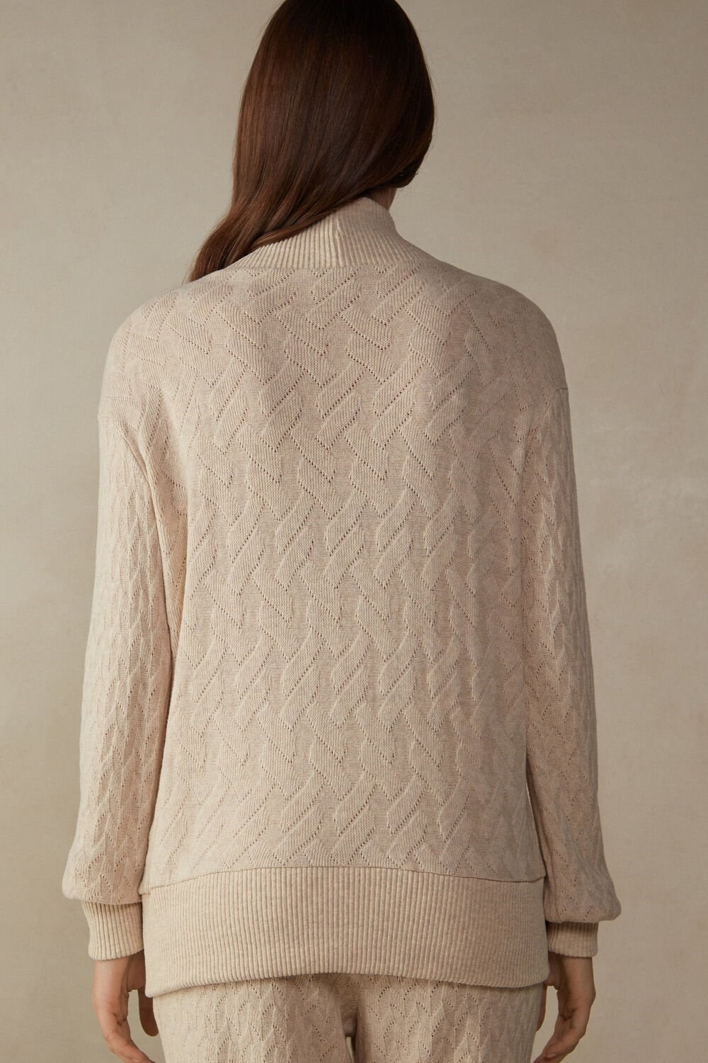 Natural - 2106 - Beige Blend Intimissimi Winter Braid Long Sleeve Jacquard Cardigan | FXOL-81045