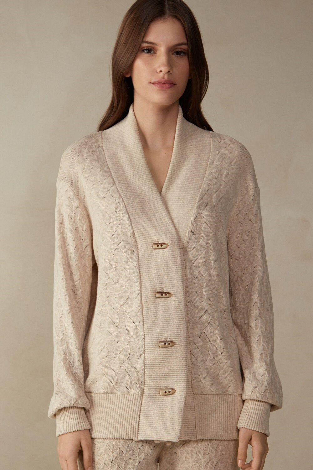 Natural - 2106 - Beige Blend Intimissimi Winter Braid Long Sleeve Jacquard Cardigan | FXOL-81045