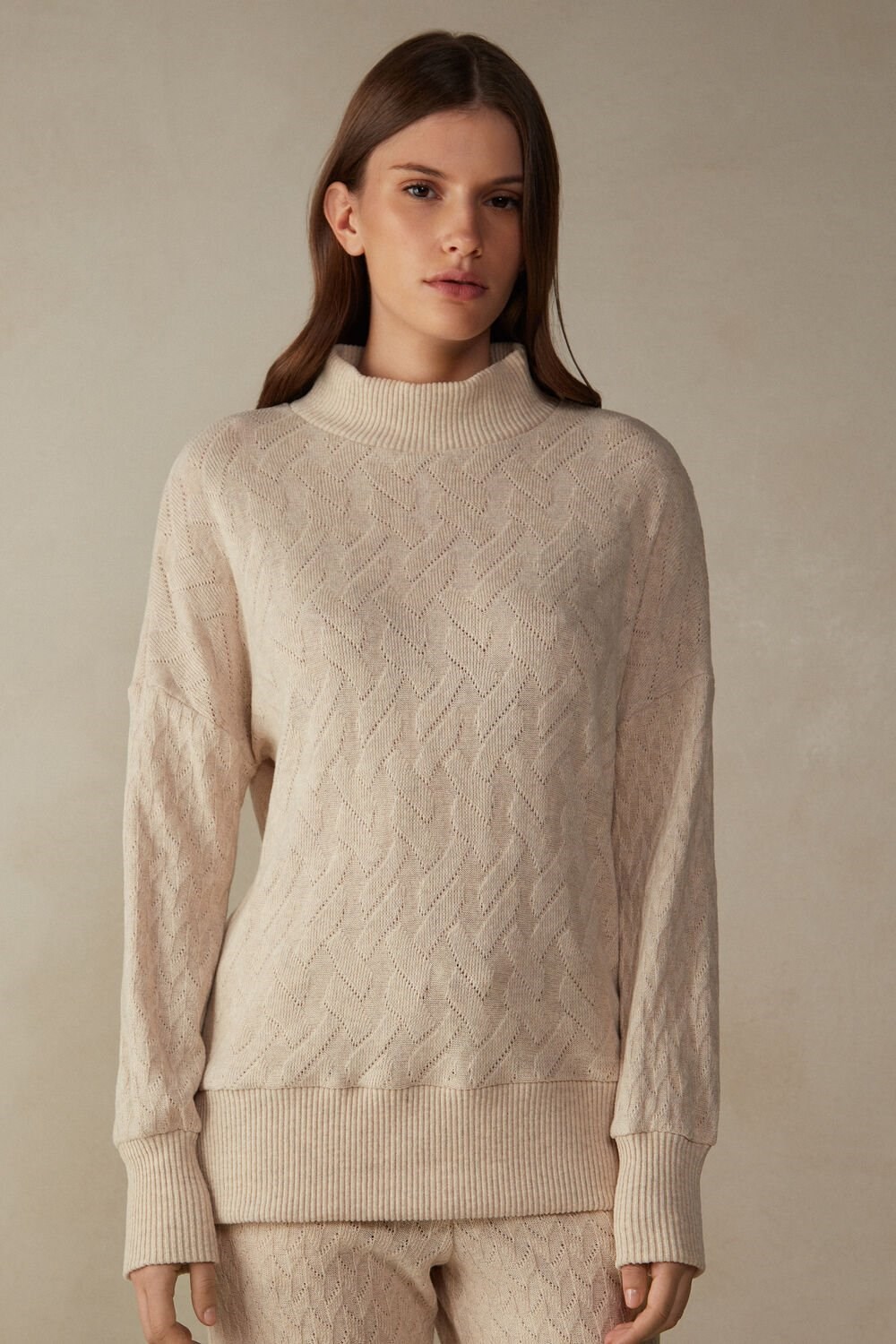 Natural - 2106 - Beige Blend Intimissimi Winter Braid Long Sleeve Jacquard Top | LJIK-60913