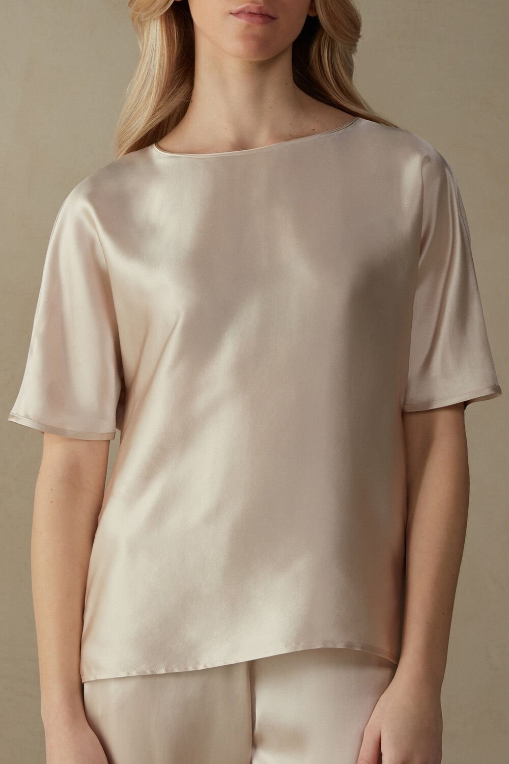 Natural - 2280 - Silk Pink Intimissimi Short Sleeve Silk and Modal Top | WSTZ-45137