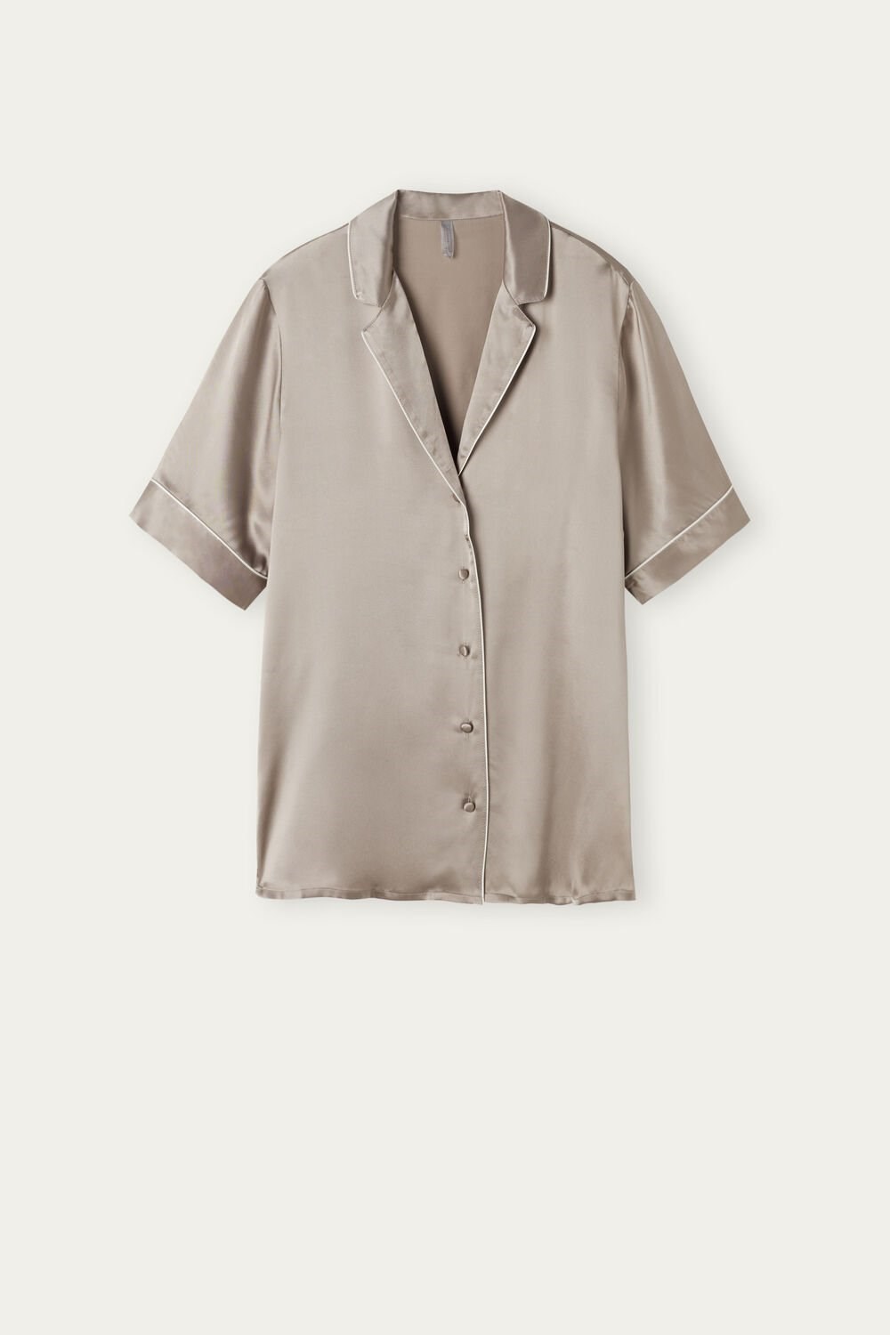 Natural - 651i - Powder Beige Intimissimi Short Sleeve Silk Shirt with Contrast Trim | YOIK-23761