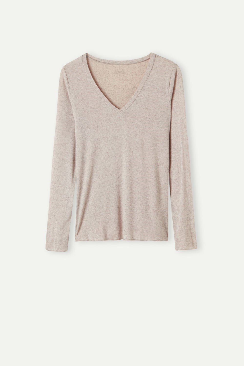 Natural - 7525 - Heather Shell Beige Intimissimi V-neck top in Modal Ultralight with Cashmere | AEIV-91730