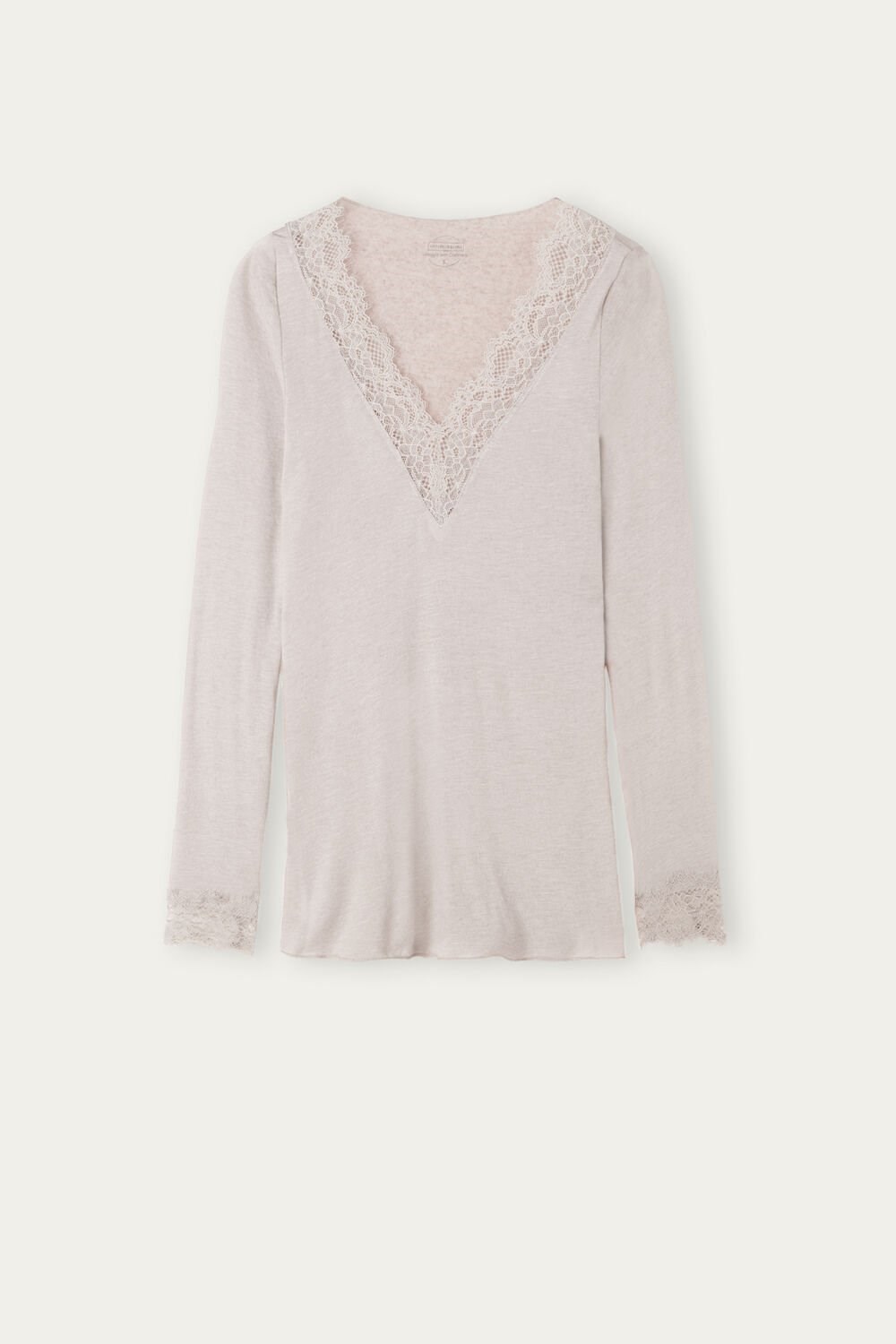 Natural - 7525 - Heather Shell Beige Intimissimi Modal Cashmere Ultralight Long Lace Shirt | EKCW-74018