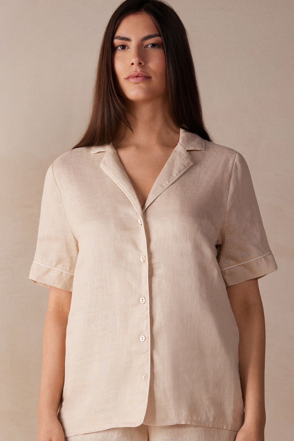 Natural - 913i - Rope Beige Intimissimi Yacht Night Linen Short Sleeve Shirt | BCJM-61957