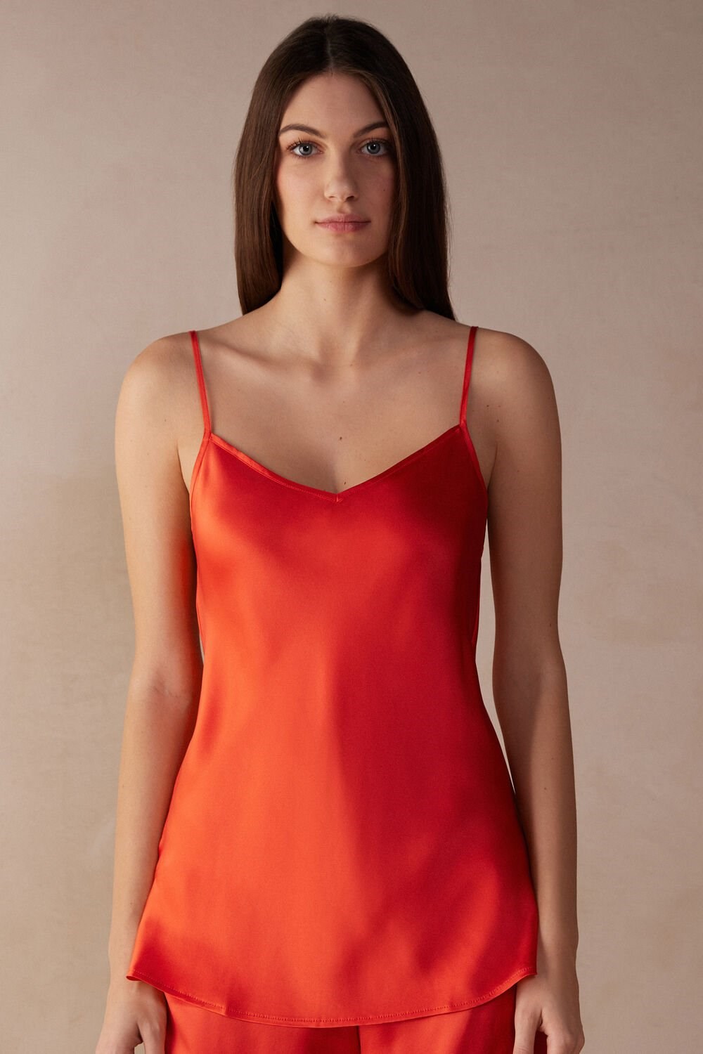 Orange - 219j - Flame Scarlet Intimissimi Silk Satin Top with V-neckline | NWPU-38947