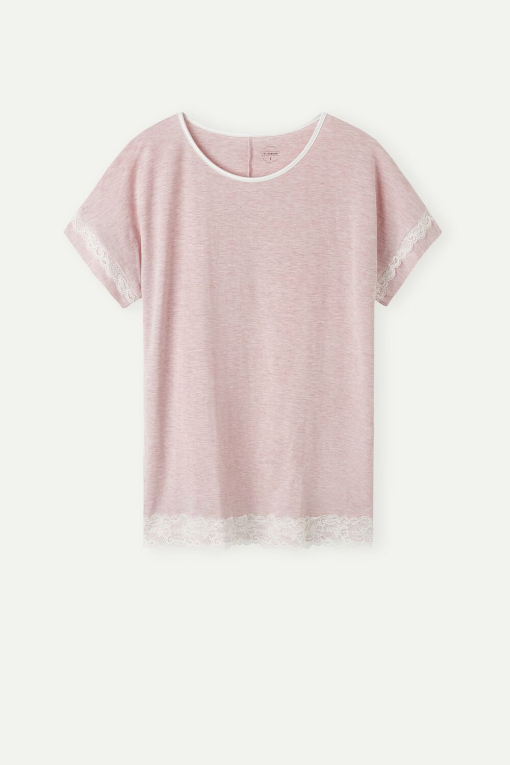 Pale Pink - 008j - Heathered Light Pink Intimissimi Short-Sleeve Modal Top with Lace Detail | CMGV-48012