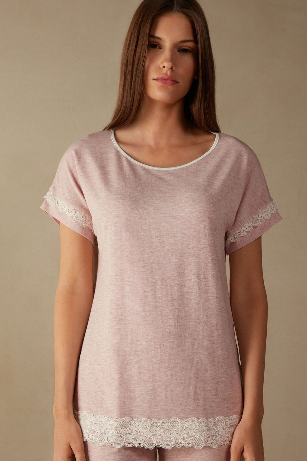 Pale Pink - 008j - Heathered Light Pink Intimissimi Short-Sleeve Modal Top with Lace Detail | CMGV-48012