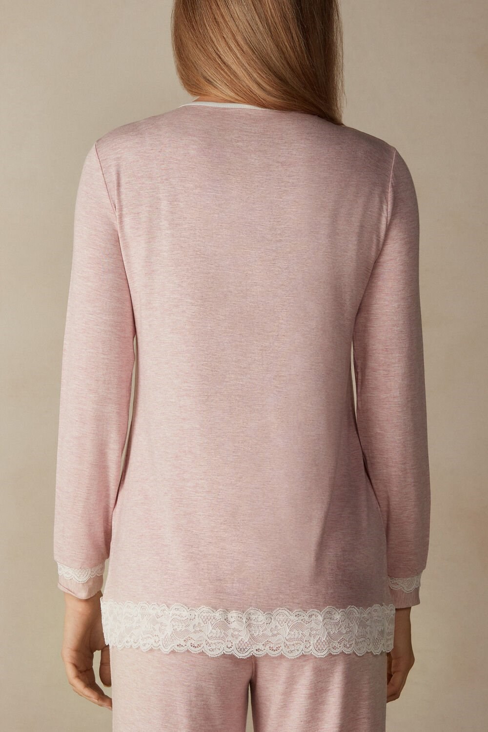 Pale Pink - 008j - Heathered Light Pink Intimissimi Modal and Lace Cardigan | CYUX-29056