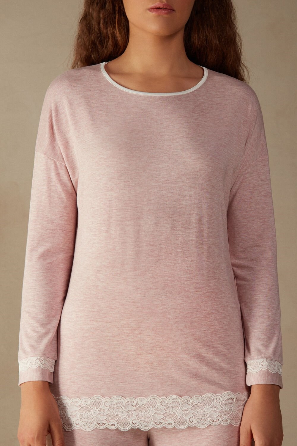 Pale Pink - 008j - Heathered Light Pink Intimissimi Long-Sleeve Round-Neck Modal Top | EZJL-73216