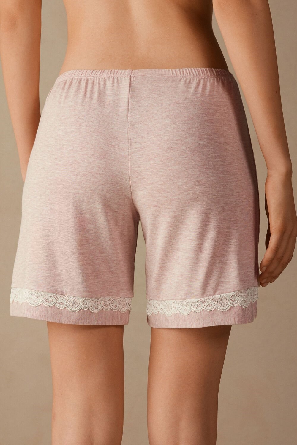 Pale Pink - 008j - Heathered Light Pink Intimissimi Modal Shorts with Lace Details | KBIL-32964