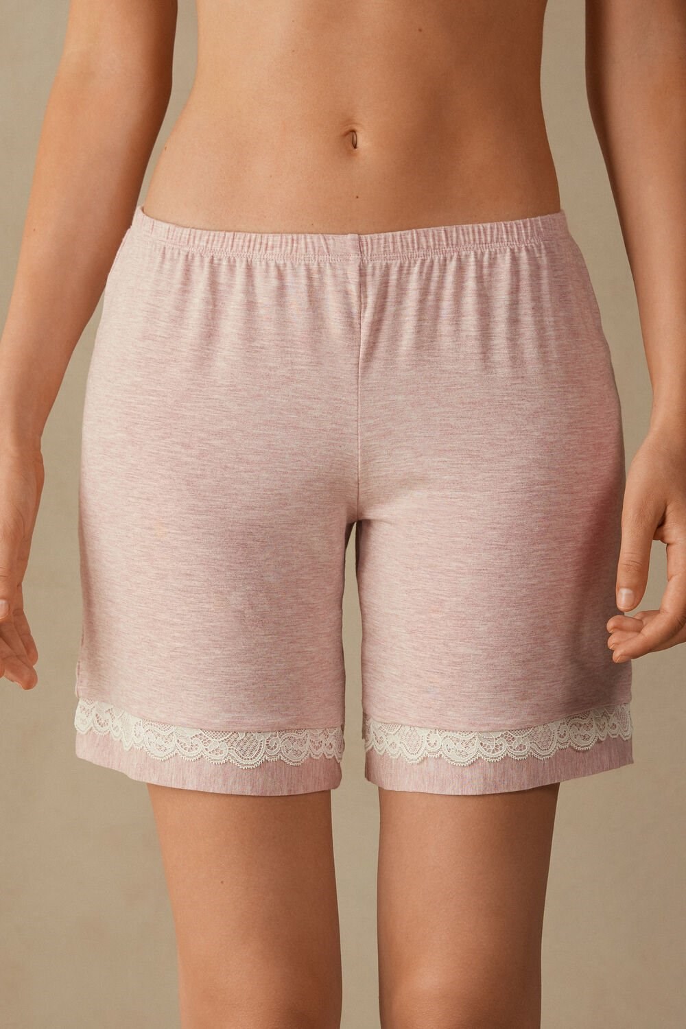 Pale Pink - 008j - Heathered Light Pink Intimissimi Modal Shorts with Lace Details | KBIL-32964