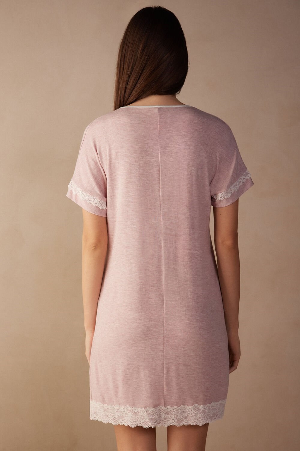 Pale Pink - 008j - Heathered Light Pink Intimissimi Lace Trim Short Sleeve Nightgown | PZQH-93457