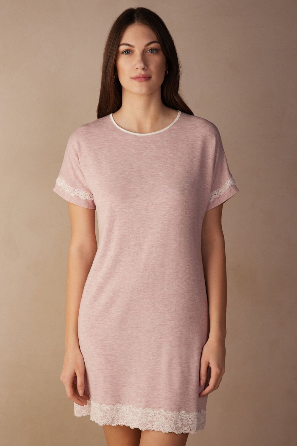 Pale Pink - 008j - Heathered Light Pink Intimissimi Lace Trim Short Sleeve Nightgown | PZQH-93457