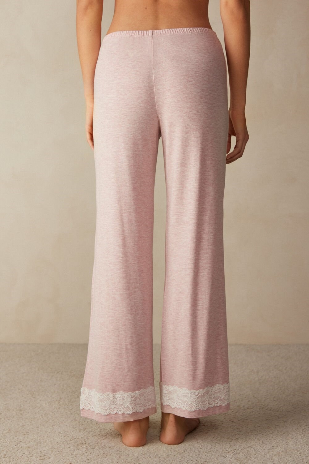 Pale Pink - 008j - Heathered Light Pink Intimissimi Lace Trim Full Length Pants in Modal | ZIPL-13845