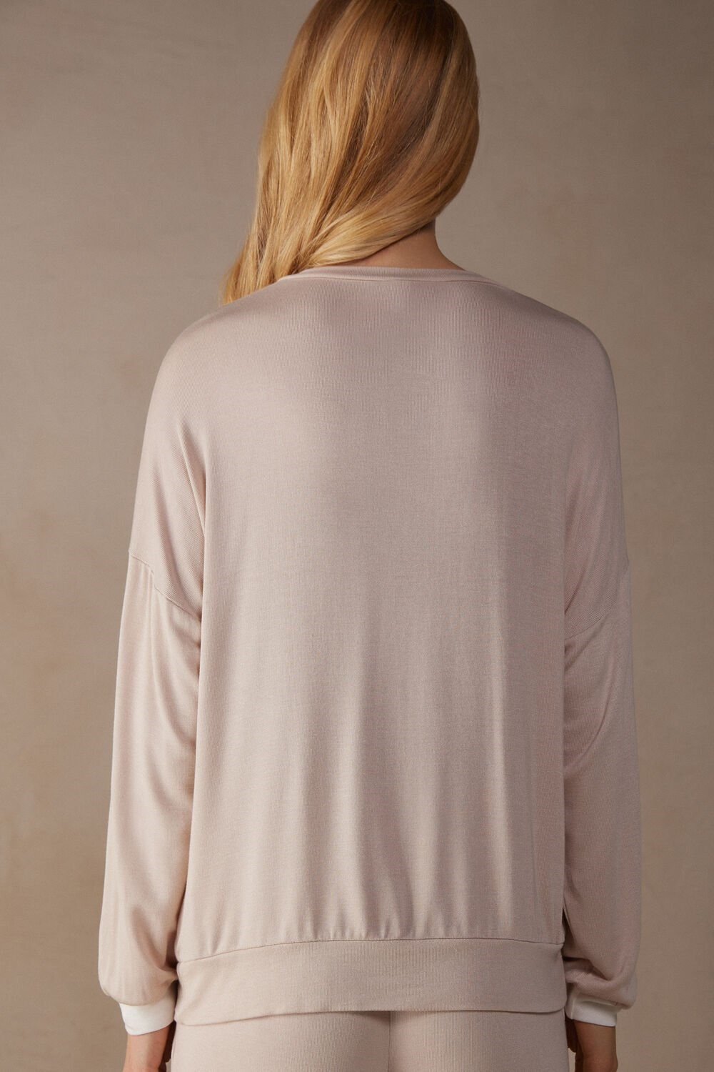 Pale Pink - 227j - Silk Pink / Talc White Intimissimi Simple Elegance Long Sleeve Top in Modal | JSVQ-05241