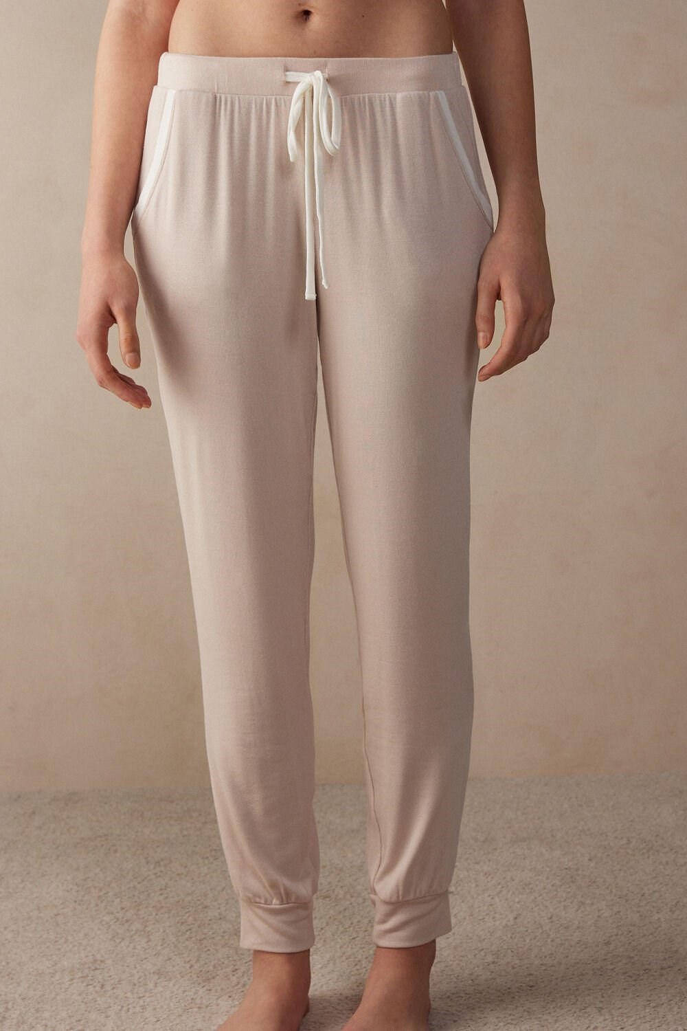 Pale Pink - 227j - Silk Pink / Talc White Intimissimi Simple Elegance Full Length Jogger Pants in Modal | SVFM-49720