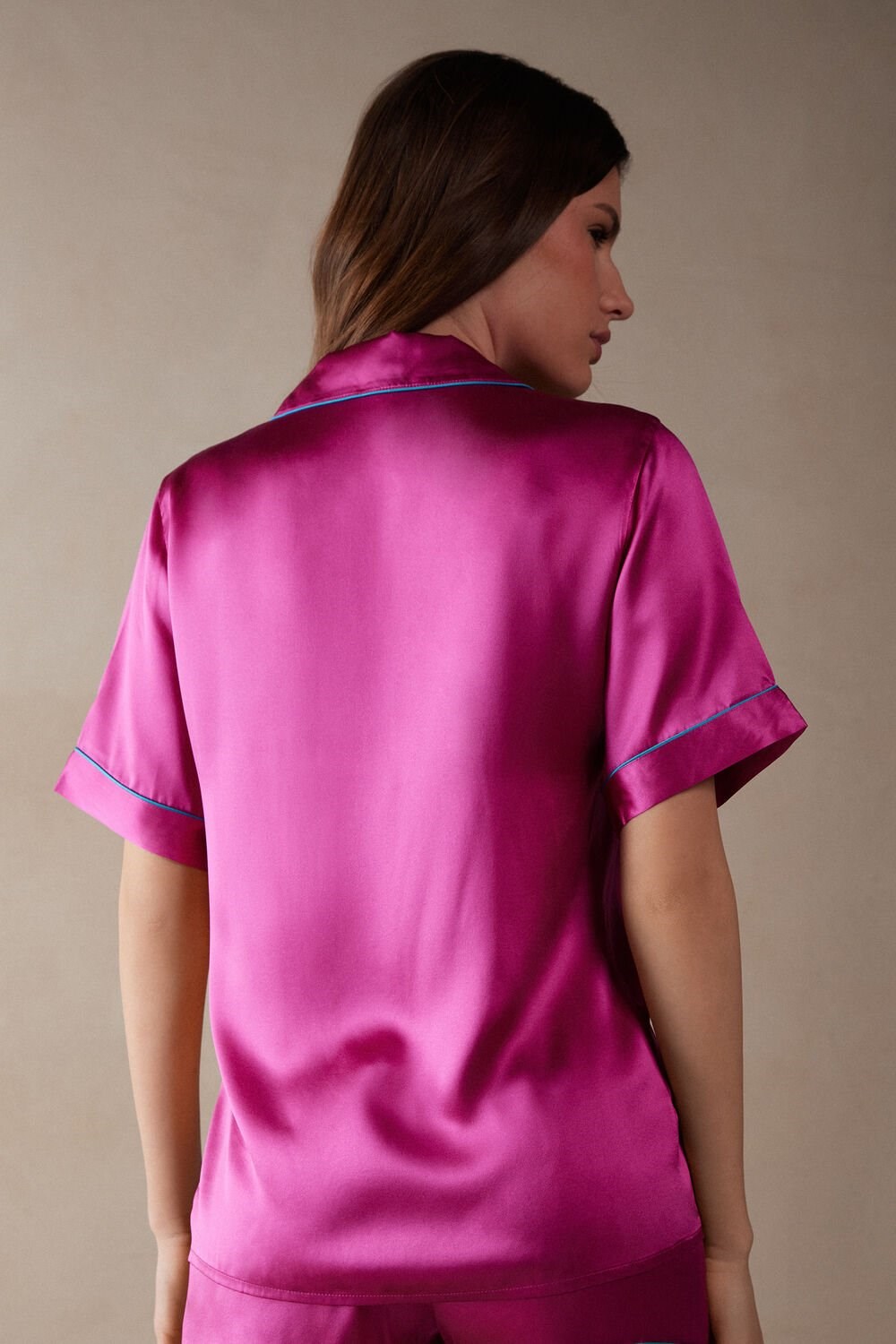 Pink - 206j - Valentine Pink Intimissimi Short Sleeve Silk Shirt with Contrast Trim | UERT-18356