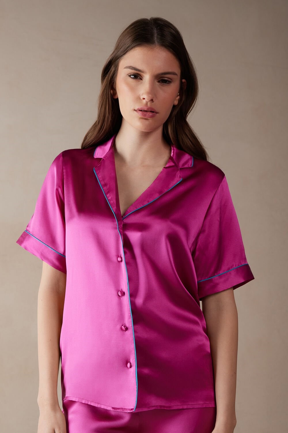 Pink - 206j - Valentine Pink Intimissimi Short Sleeve Silk Shirt with Contrast Trim | UERT-18356