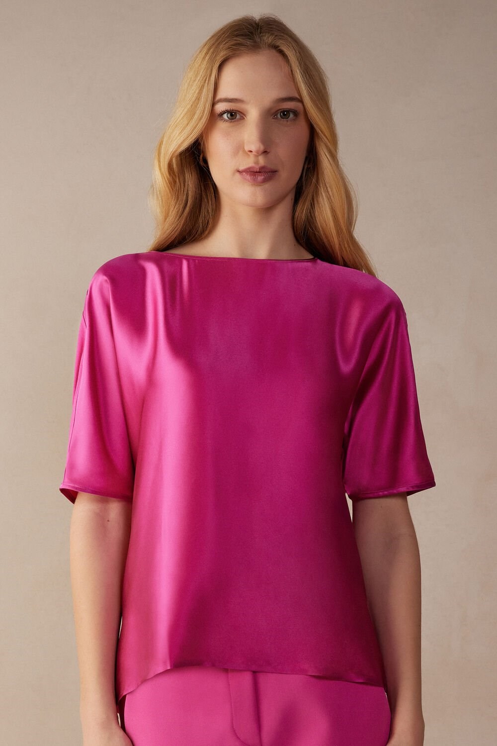 Pink - 206j - Valentine Pink Intimissimi Short Sleeve Silk and Modal Top | ZMNS-52136