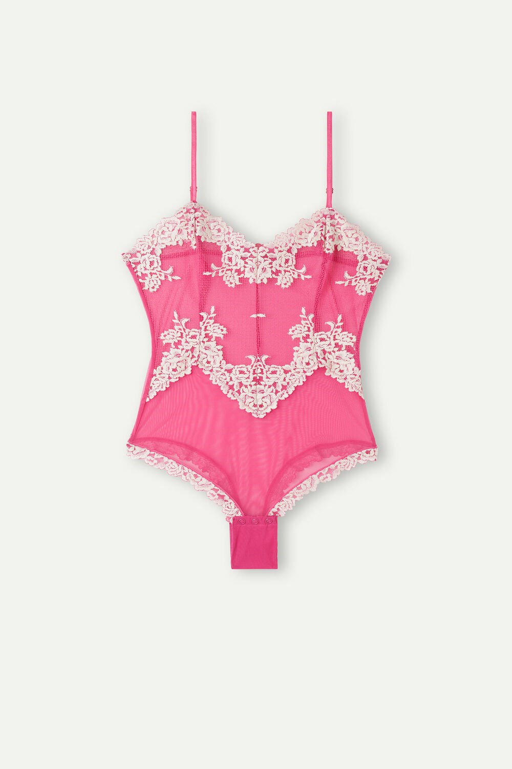 Pink - 213j - Valentine Pink / Ivory Intimissimi Pretty Flowers Tulle and Lace Bodysuit | KQGI-90746