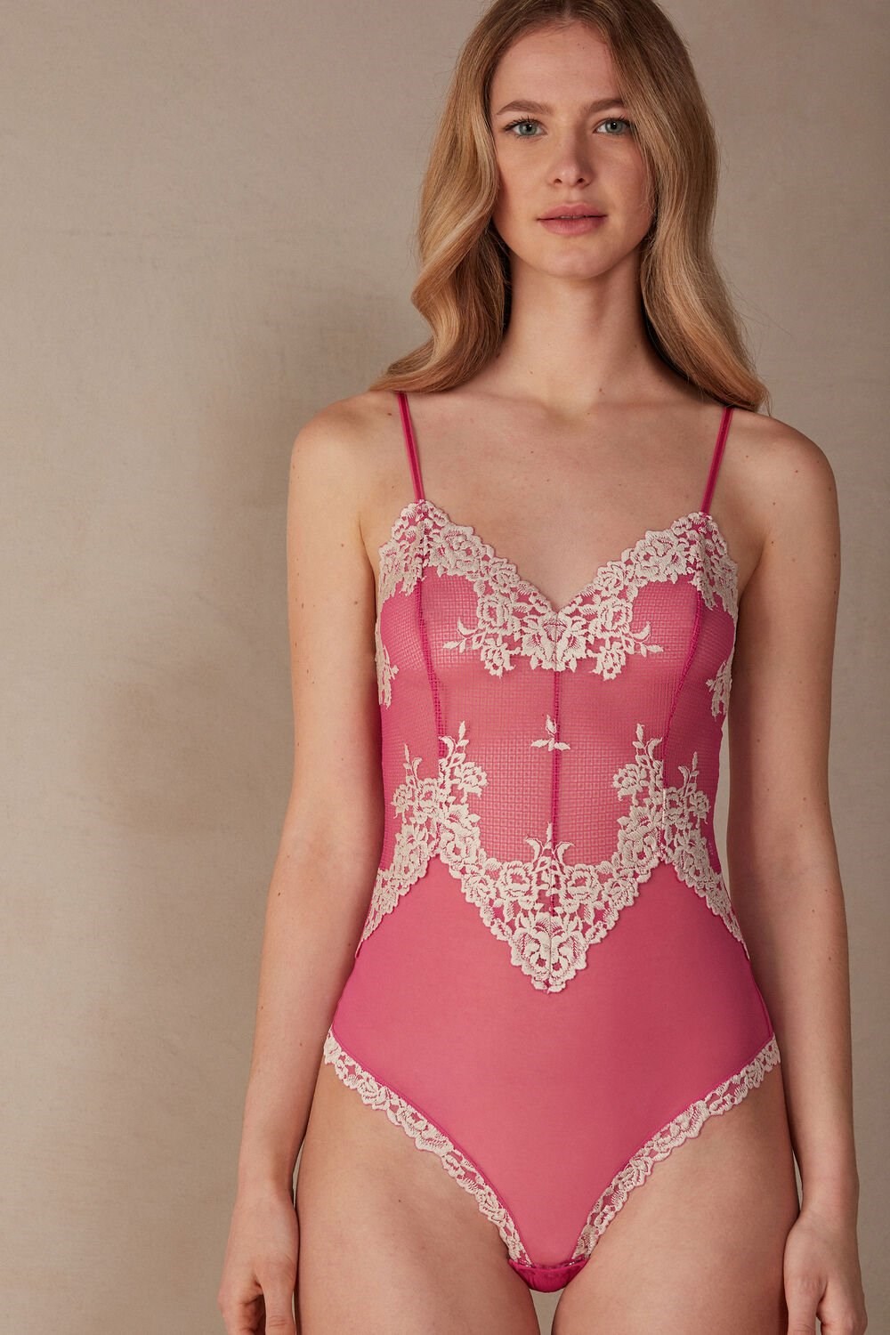 Pink - 213j - Valentine Pink / Ivory Intimissimi Pretty Flowers Tulle and Lace Bodysuit | KQGI-90746