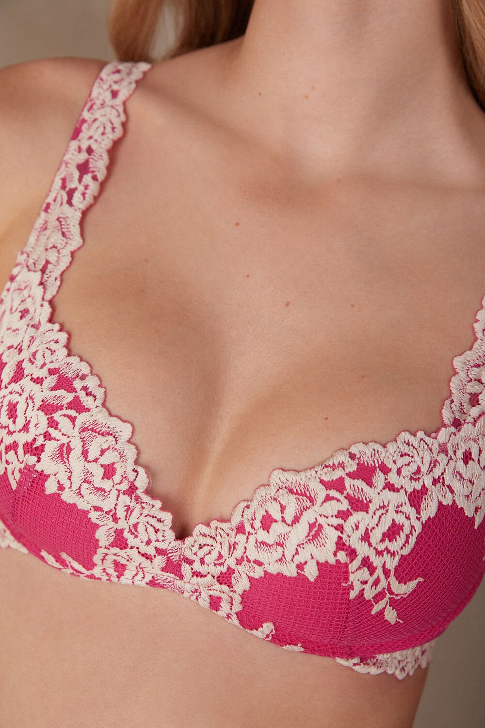 Pink - 213j - Valentine Pink / Ivory Intimissimi Pretty Flowers Gioia Super Push-up Bra | LDFT-78352