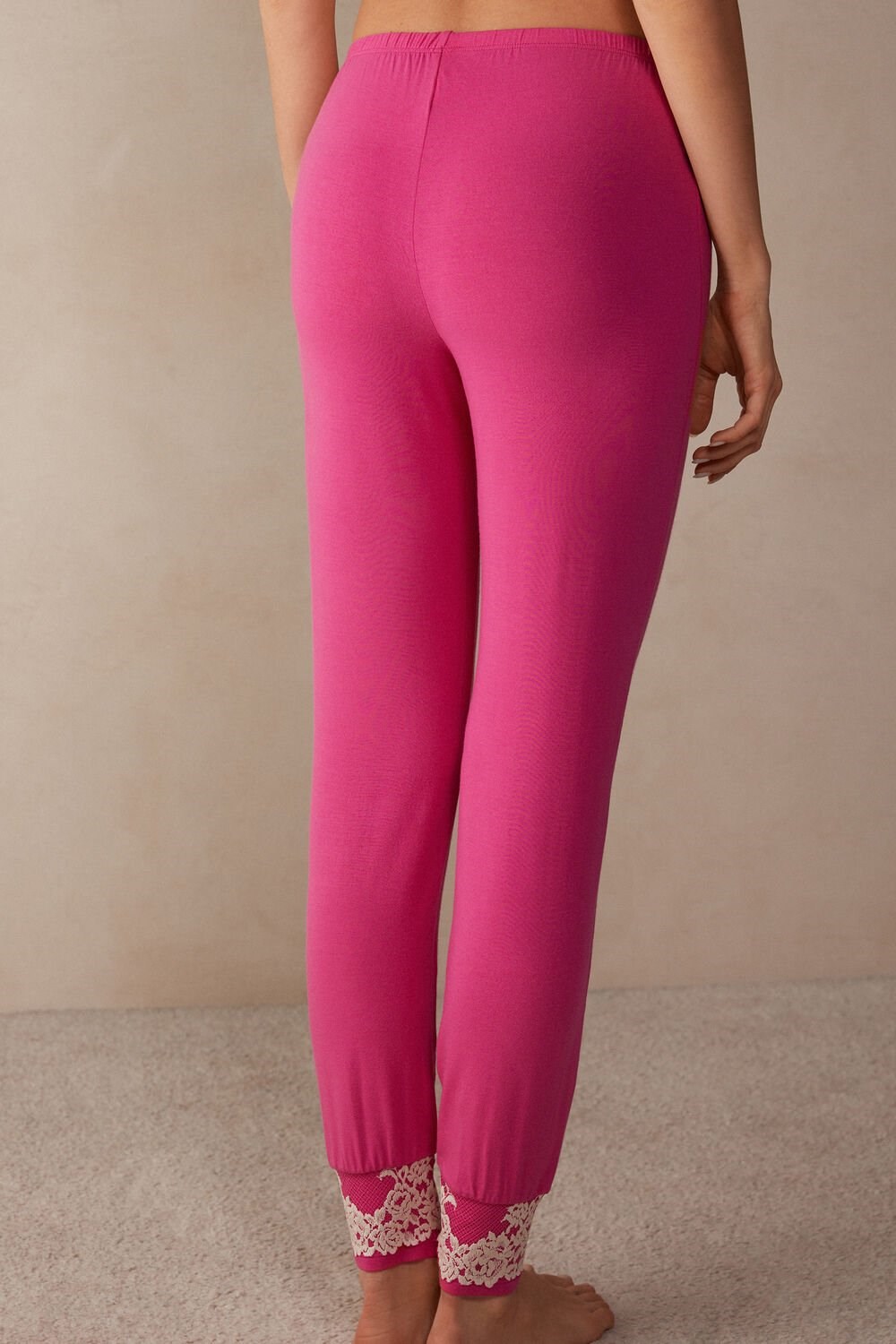 Pink - 213j - Valentine Pink / Ivory Intimissimi Pretty Flowers Full Length Cuffed Modal Pants | TJAR-12046