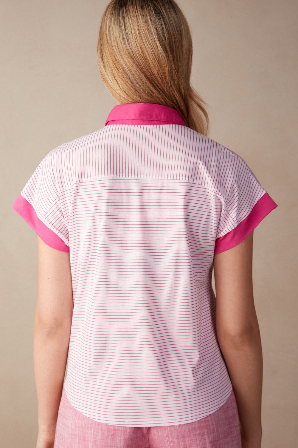 Pink - 247j - Valentine Pink Stripe Intimissimi Strawberry Milkshake Short Sleeve Top in Supima® Ultrafresh Cotton | LXKO-40381